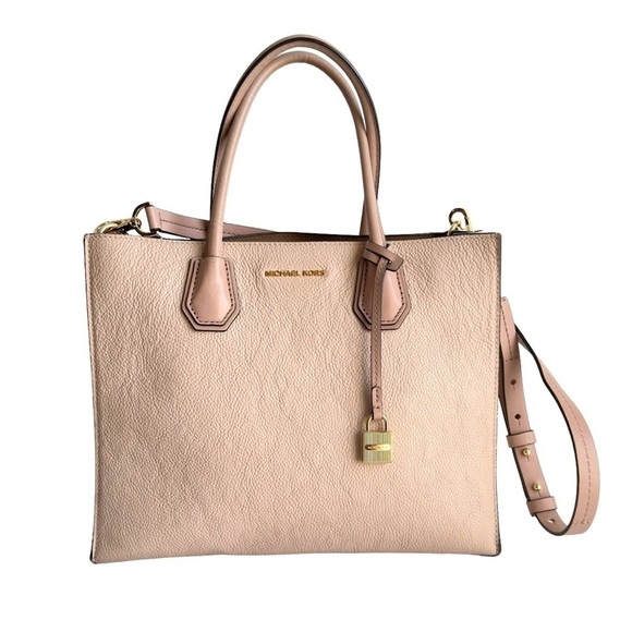 Michael Kors Mercer Large Tri-Color Tote Purse Nude Pink Leather Shoulder Bag - Picture 1 of 16